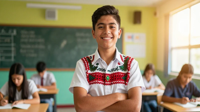 Cómo puedo registrarme para las becas BBVA para chavos que inspiran 27 Estudiante mexicano brillante sonríe en aula vibrante