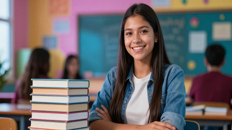 Estudiante mexicano sonriente en aula vibrante y moderna