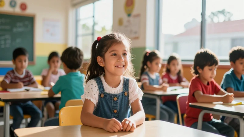 Niño sonriente en aula vibrante, estilo blog