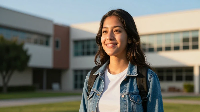 Joven estudiante mexicana optimista en campus moderno