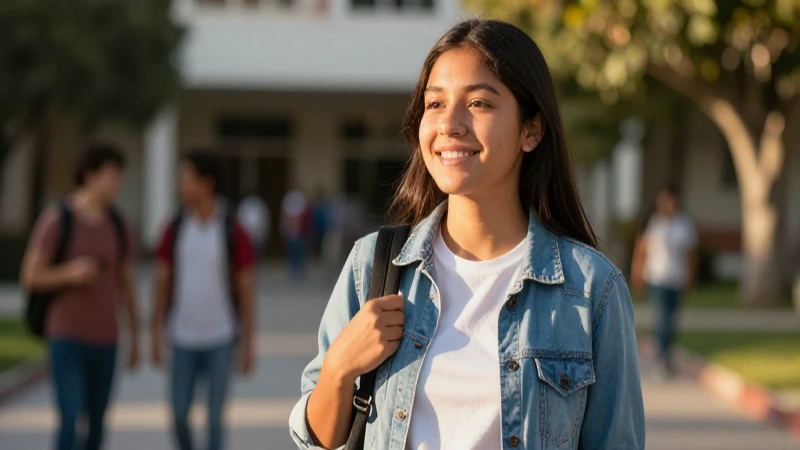 Estudiante mexicano feliz en campus moderno al atardecer