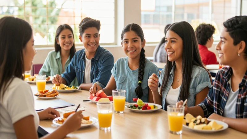 Estudiantes mexicanos felices desayunan en luz dorada
