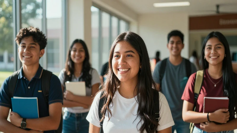 Estudiantes mexicanos diversos sonriendo en campus moderno