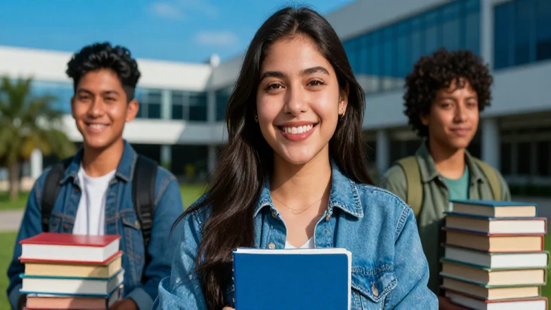 Estudiante mexicano sonríe en campus universitario con libros