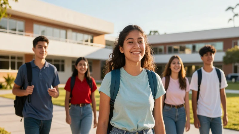 Jóvenes mexicanos en campus moderno y optimista