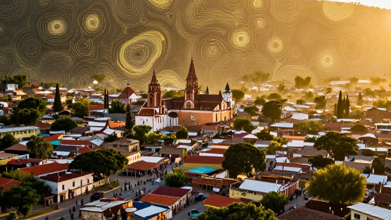 Pueblo mexicano vibrante en luz dorada