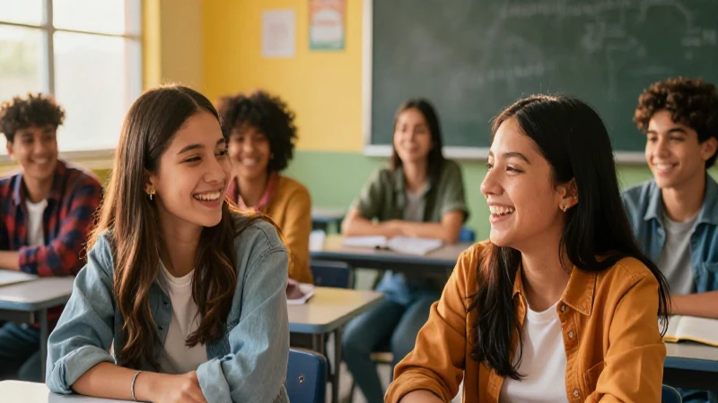 Estudiantes mexicanos sonrientes en aula moderna con luz dorada