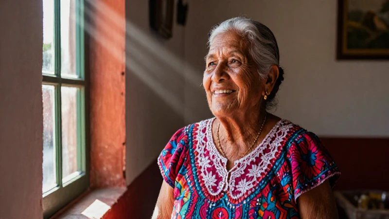 Anciana mexicana sonriente con luz cálida