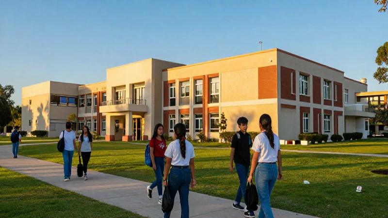 Estudiantes mexicanos en campus moderno al atardecer