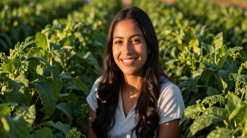 Joven mexicana sonríe rodeada de cultivos vibrantes