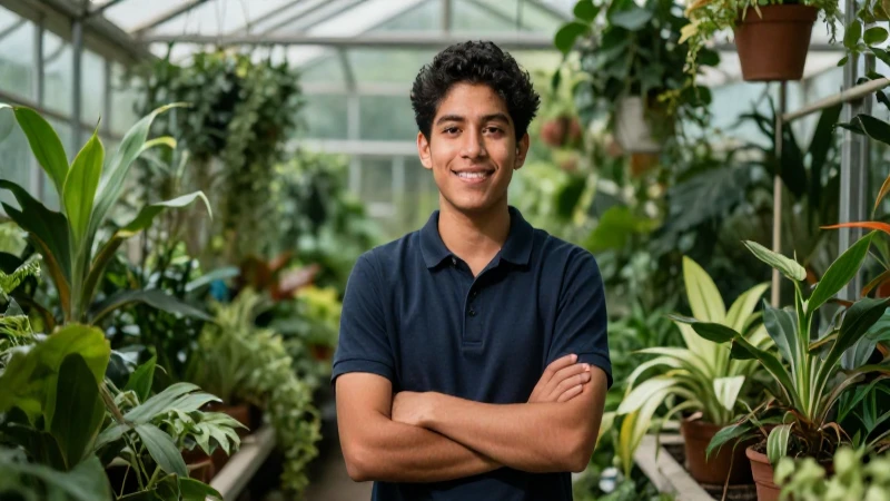 Estudiante mexicana sonriente en invernadero moderno