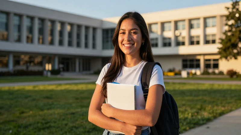 Estudiante mexicana sonriendo en campus vibrante