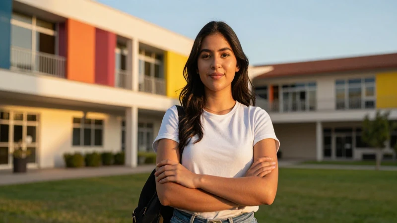 Estudiante mexicano exitoso en campus moderno