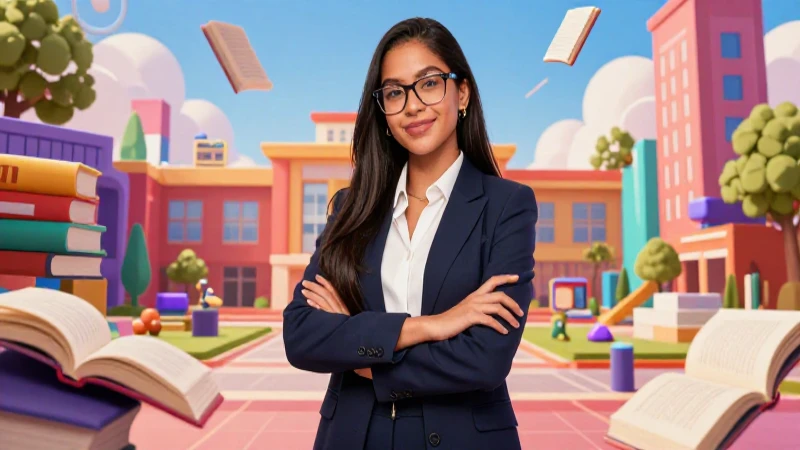 Estudiante mexicano seguro rodeado de libros y campus futurista