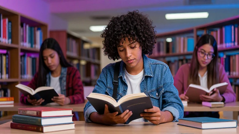 Joven mexicano estudiando en biblioteca moderna