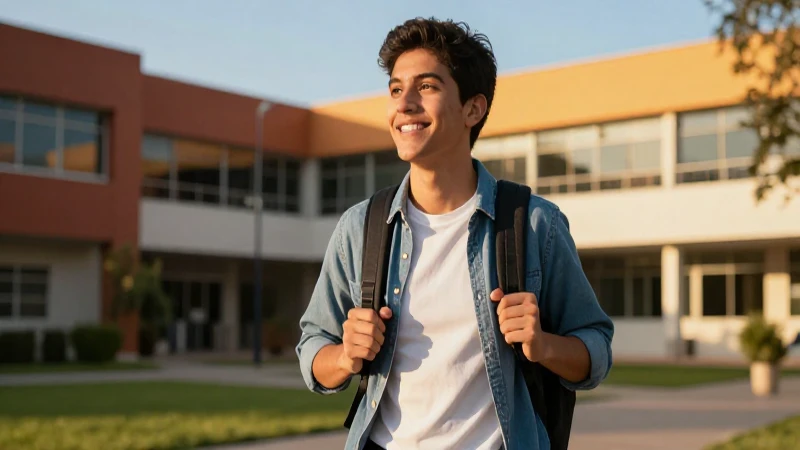 Joven mexicano sonriente en campus dorado