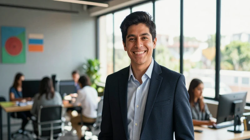 Joven profesional sonríe en coworking moderno