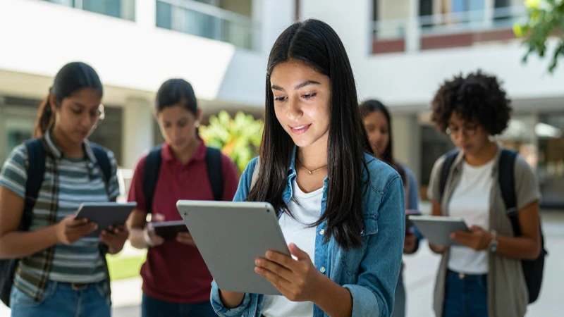 Estudiante mexicano en campus moderno con alta resolución