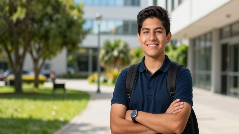 Joven estudiante mexicano en campus moderno