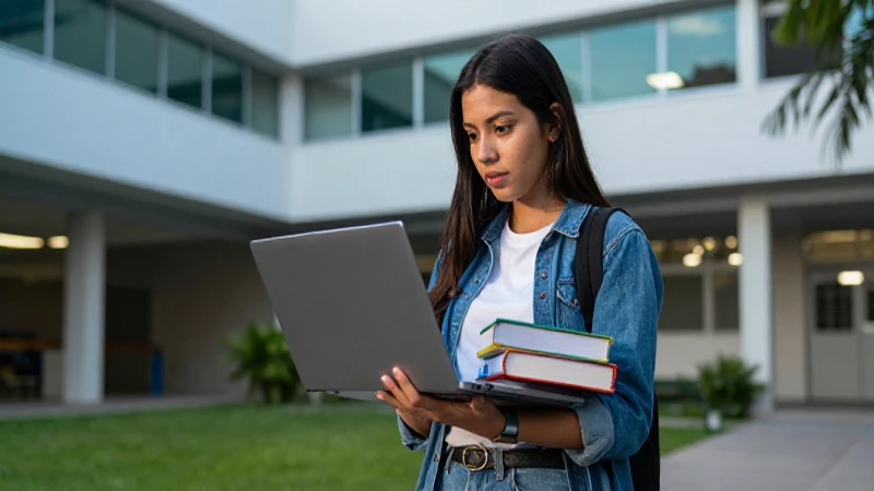 Estudiante mexicano ambicioso con tecnología y libros