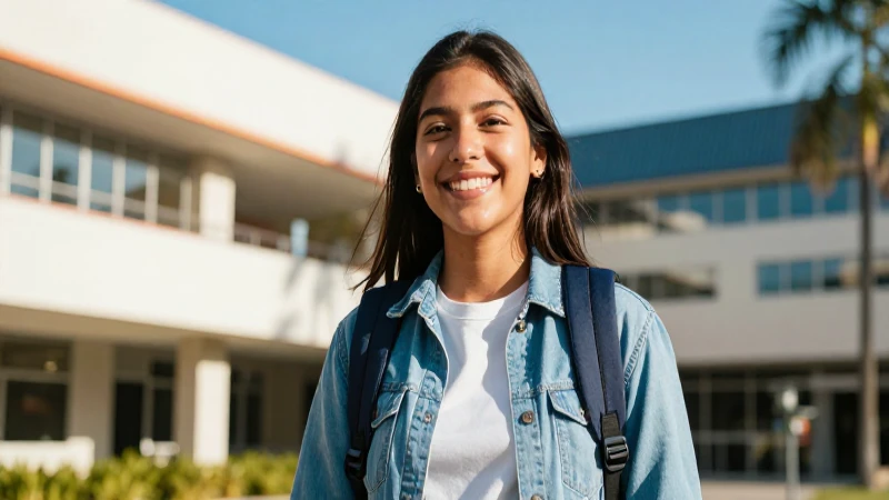 Estudiante mexicano sonriente en campus moderno