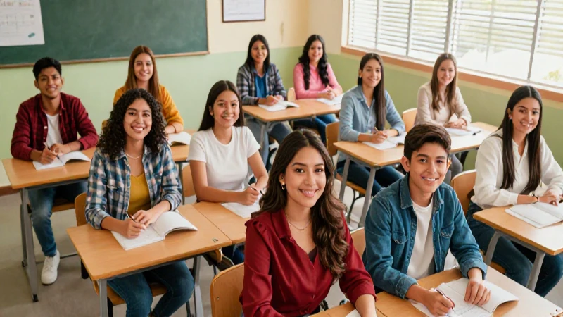Ilustración vibrante de estudiantes mexicanos sonrientes