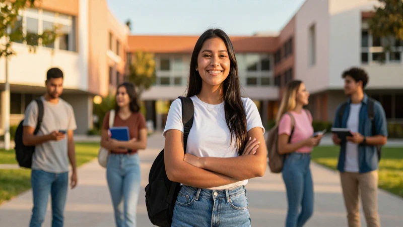 Joven mexicano sonríe en campus vibrante