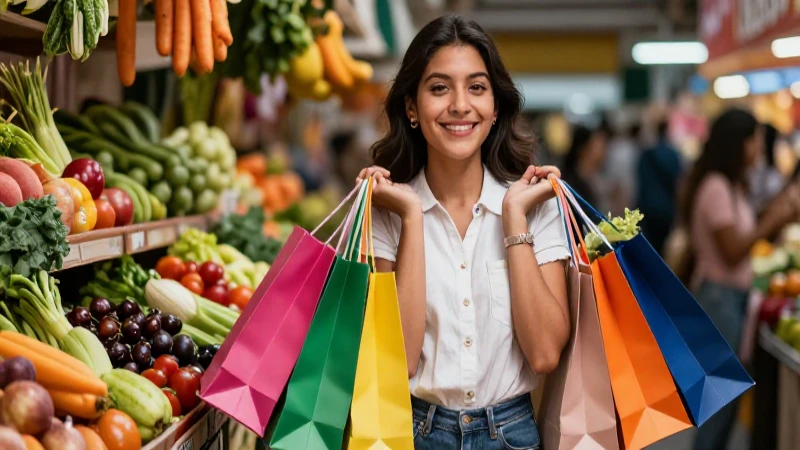 Mujer mexicana alegre compra productos en mercado