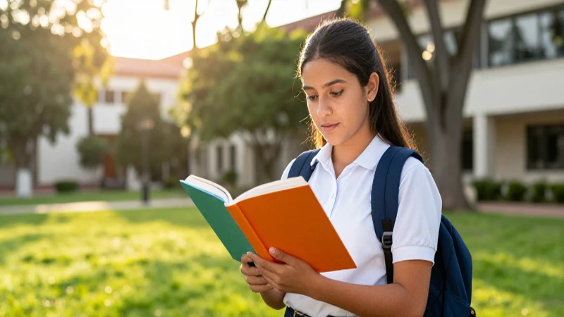 Estudiante mexicana en campus con libro bajo luz dorada