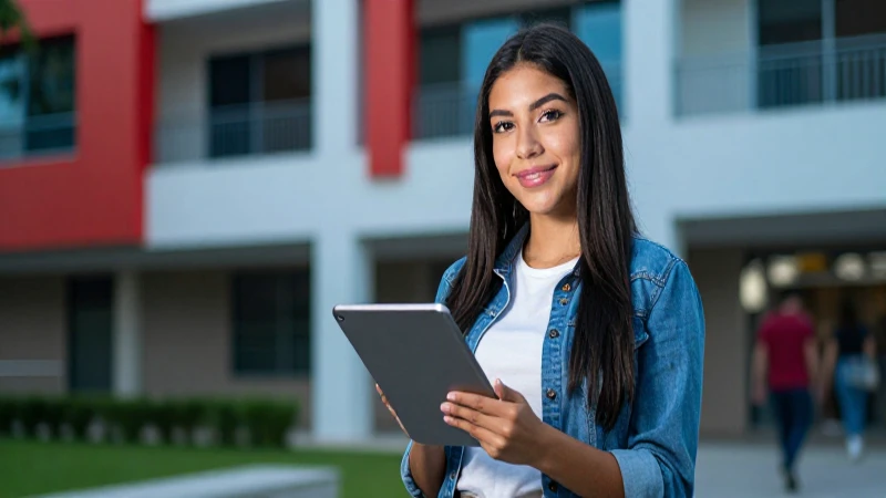 Estudiante mexicano en campus con tablet moderno