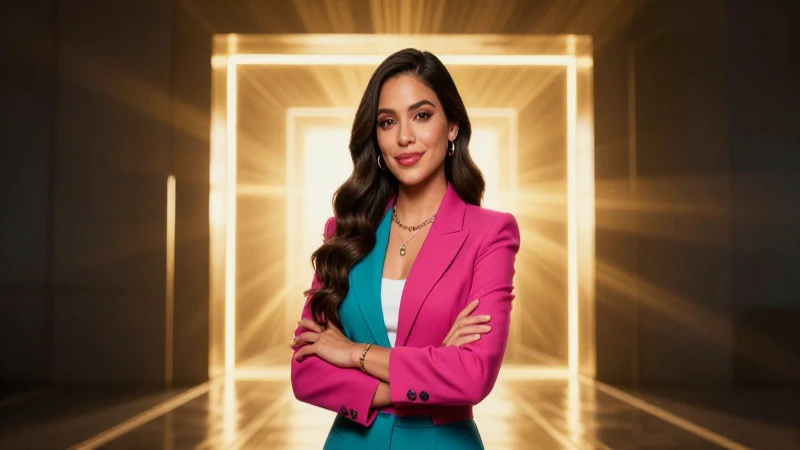 Joven mexicana moderna frente a un portal futurista