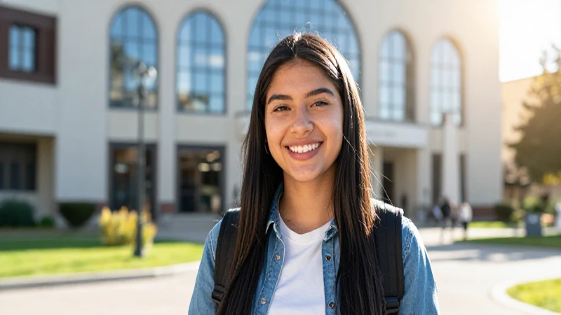 Estudiante mexicano sonriendo en moderno campus universitario