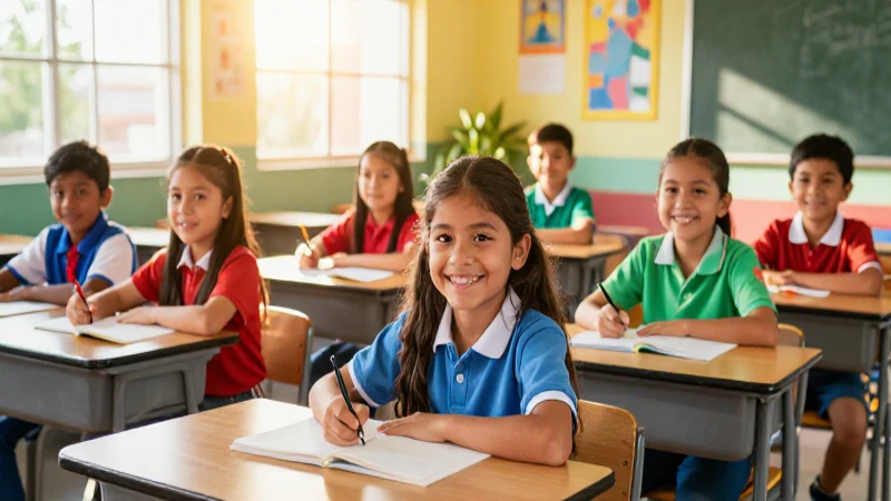 Niños mexicanos felices en clase con luz dorada