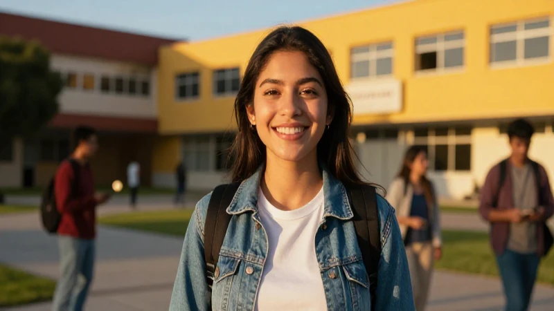 Estudiante mexicano sonriente en campus vibrante al atardecer