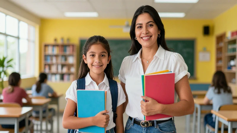 Madre y su hija en campus educativo vibrante