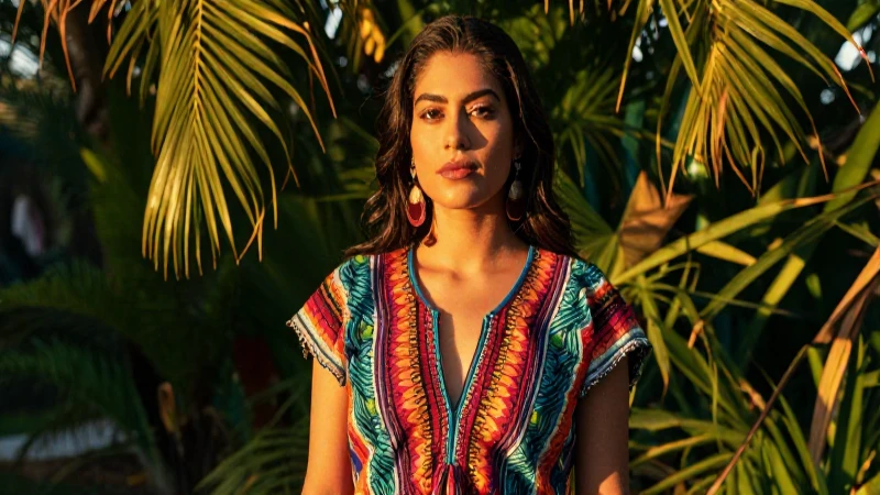 Mujer mexicana vibrante en luz tropical dorada