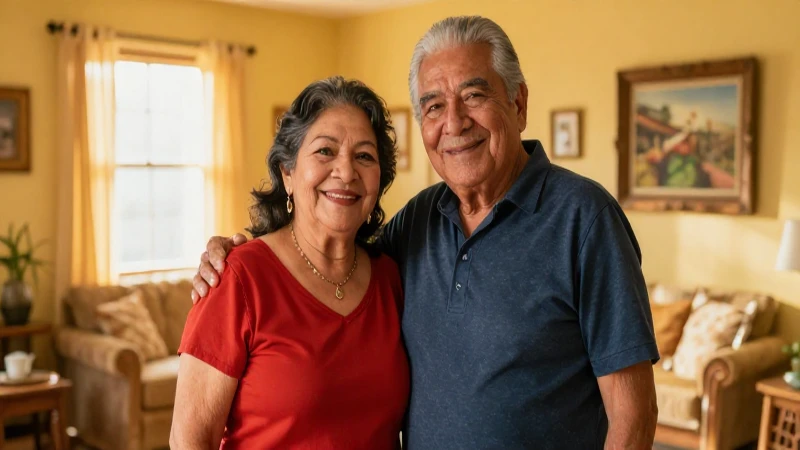 Abuelos mexicanos sonriendo en luz dorada