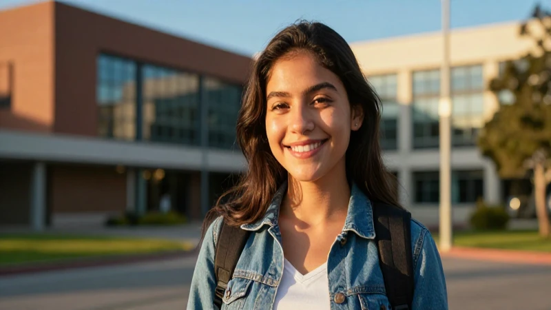 Estudiante mexicano sonriente en campus moderno al atardecer