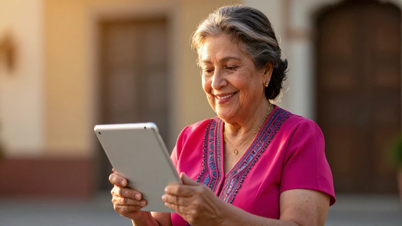Abuela mexicana sonríe sosteniendo una tablet