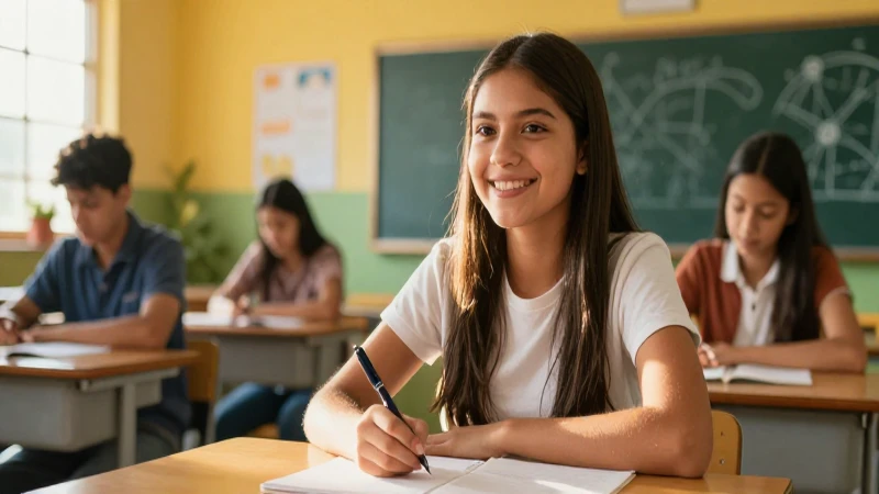 Estudiante mexicano sonriente celebra el éxito en su aula moderna