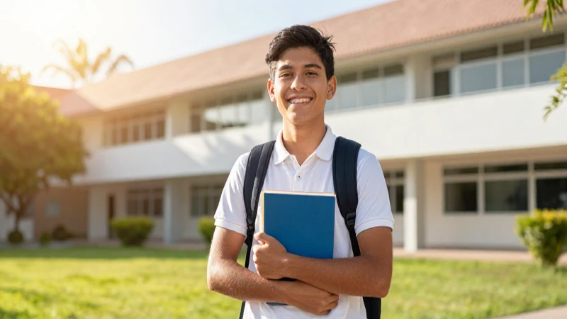 Joven mexicano brillante en campus moderno