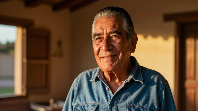 Hombre anciano mexicano sonriendo en luz dorada