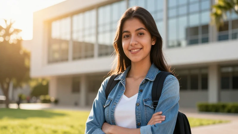 Joven estudiante mexicana sonríe bajo el sol en el campus