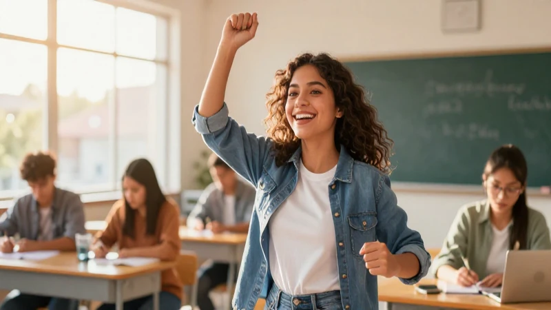 Estudiante mexicana alegre en aula brillante