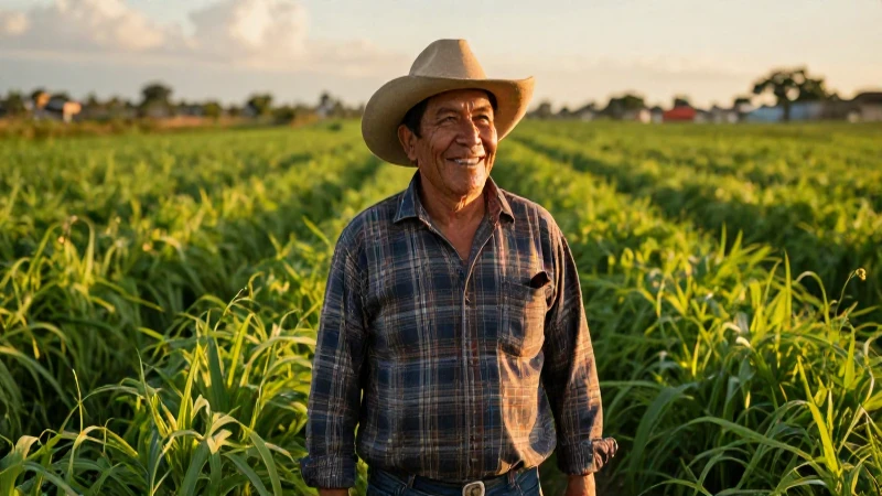Agricultor mexicano sonriendo en campos verdes