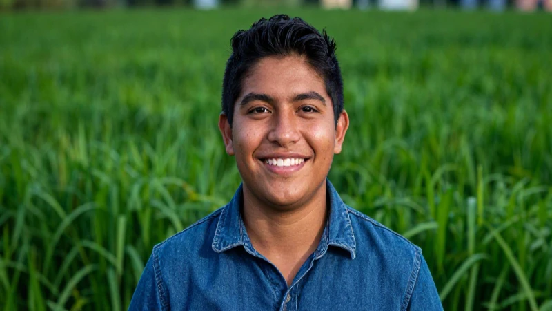 Joven mexicano sonríe en campo con luz cinematográfica