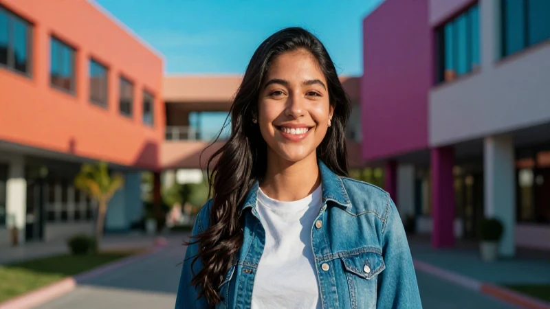 Estudiante mexicana sonriente en campus vibrante