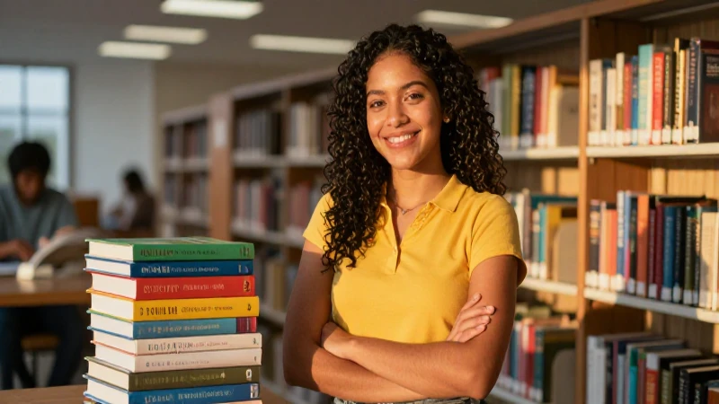 Estudiante mexicana optimista en moderna biblioteca