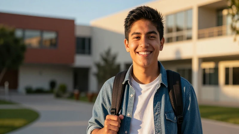 Estudiante mexicano sonriente en campus moderno y dorado