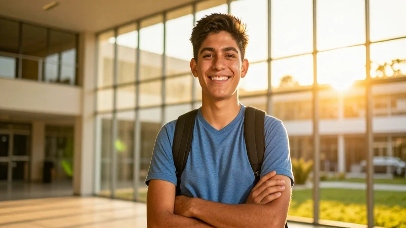 Joven estudiante mexicano sonriente en campus moderno